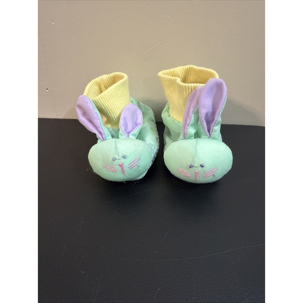 AVON Baby Bunny Slippers SM Size 0-12Months Green Rabbit Purple Ears Booties VTG